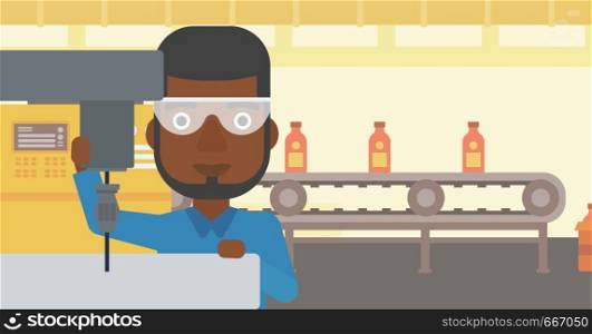 An african-american man working on a milling machine at workshop. Man using milling machine at factory. Man making a hole using a milling machine. Vector flat design illustration. Horizontal layout.. Man working on milling machine.