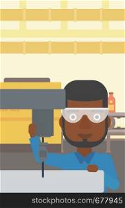 An african-american man working on a milling machine at workshop. Man using milling machine at factory. Man making a hole using a milling machine. Vector flat design illustration. Vertical layout.. Man working on milling machine.