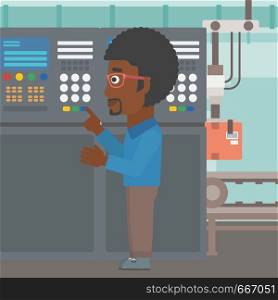 An african-american man working on control panel. Man pressing button at control panel in plant. Engineer standing in front of the control panel. Vector flat design illustration. Square layout.. Engineer standing near control panel.