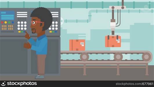 An african-american man working on control panel. Man pressing button at control panel in plant. Engineer standing in front of the control panel. Vector flat design illustration. Horizontal layout.. Engineer standing near control panel.