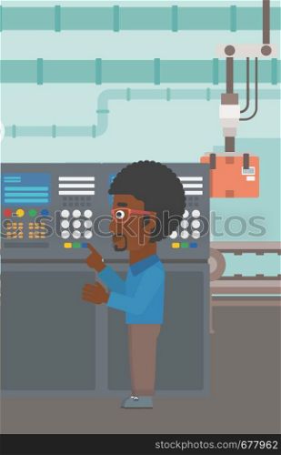 An african-american man working on control panel. Man pressing button at control panel in plant. Engineer standing in front of the control panel. Vector flat design illustration. Vertical layout.. Engineer standing near control panel.