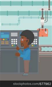 An african-american man working on control panel. Man pressing button at control panel in plant. Engineer standing in front of the control panel. Vector flat design illustration. Vertical layout.. Engineer standing near control panel.