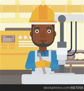 An african-american man working on industrial drilling machine. Man using drilling machine at manufactory. Metalworker drilling at workplace. Vector flat design illustration. Square layout.. Man working on industrial drilling machine.