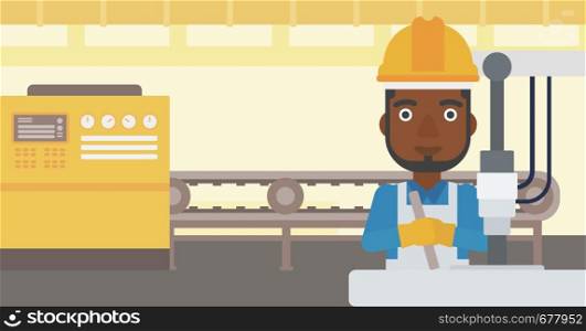 An african-american man working on industrial drilling machine. Man using drilling machine at manufactory. Metalworker drilling at workplace. Vector flat design illustration. Horizontal layout.. Man working on industrial drilling machine.