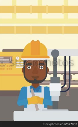An african-american man working on industrial drilling machine. Man using drilling machine at manufactory. Metalworker drilling at workplace. Vector flat design illustration. Vertical layout.. Man working on industrial drilling machine.
