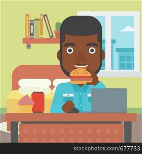 An african-american man working on laptop while eating junk food on the background of bedroom vector flat design illustration. Square layout.. Man eating hamburger.