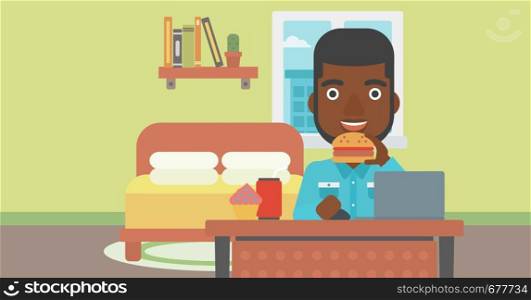 An african-american man working on laptop while eating junk food on the background of bedroom vector flat design illustration. Horizontal layout.. Man eating hamburger.