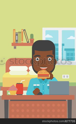 An african-american man working on laptop while eating junk food on the background of bedroom vector flat design illustration. Vertical layout.. Man eating hamburger.