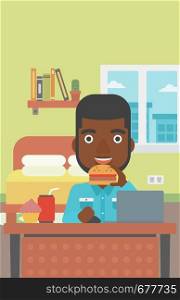 An african-american man working on laptop while eating junk food on the background of bedroom vector flat design illustration. Vertical layout.. Man eating hamburger.