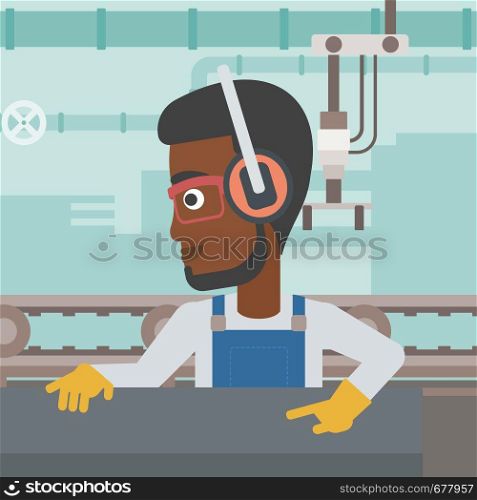 An african-american man working on metal press machine. Worker in headphones operating metal press machine at factory workshop. Vector flat design illustration. Square layout.. Man working on metal press machine.