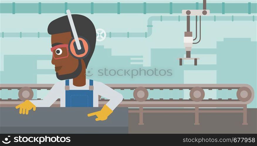 An african-american man working on metal press machine. Worker in headphones operating metal press machine at factory workshop. Vector flat design illustration. Horizontal layout.. Man working on metal press machine.