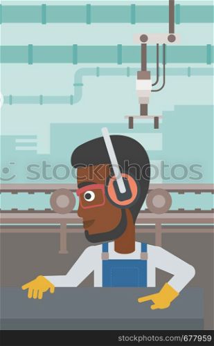 An african-american man working on metal press machine. Worker in headphones operating metal press machine at factory workshop. Vector flat design illustration. Vertical layout.. Man working on metal press machine.