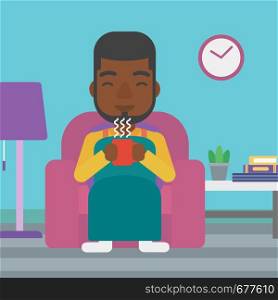 An african-american man wrapped into a plaid sitting in chair in living room and holding a cup of hot flavored tea vector flat design illustration. Square layout.. Man sitting in chair with cup of tea.
