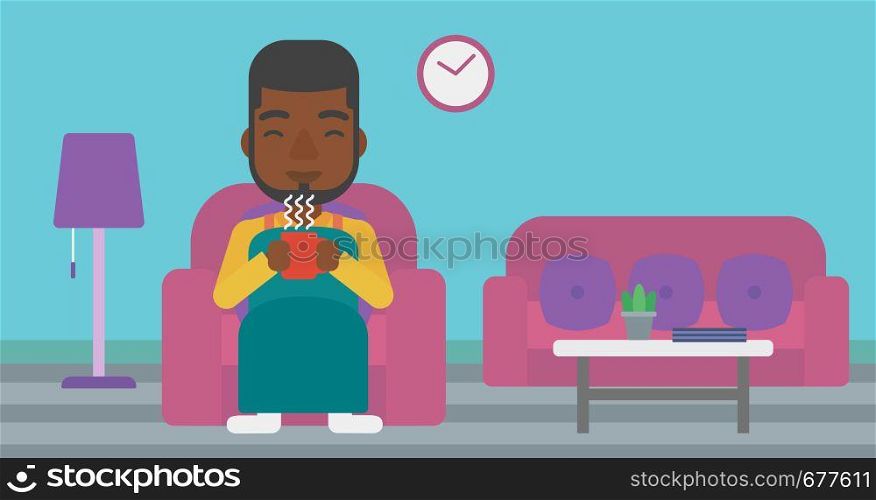 An african-american man wrapped into a plaid sitting in chair in living room and holding a cup of hot flavored tea vector flat design illustration. Horizontal layout.. Man sitting in chair with cup of tea.