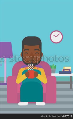 An african-american man wrapped into a plaid sitting in chair in living room and holding a cup of hot flavored tea vector flat design illustration. Vertical layout.. Man sitting in chair with cup of tea.