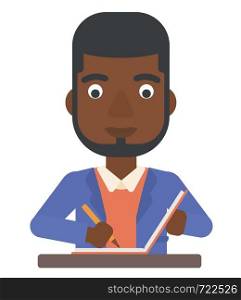 An african-american man writing an article in his writing-pad vector flat design illustration isolated on white background.. Reporter writing an article.