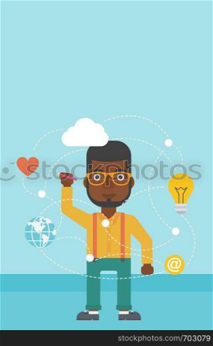 An african-american man writing on a virtual screen. Businessman drawing a cloud computing diagram on a virtual screen. Cloud computing concept. Vector flat design illustration. Vertical layout.. Man writing cloud computing on virtual screen.