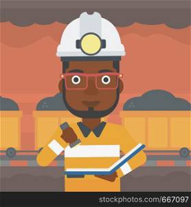 An african-american miner checking documents with the flashlight. Mine worker in hard hat on the background of mining tunnel with cart full of coal. Vector flat design illustration. Square layout.. Miner checking documents vector illustration.