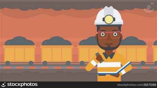 An african-american miner checking documents with the flashlight. Mine worker in hard hat on the background of mining tunnel with cart full of coal. Vector flat design illustration. Horizontal layout.. Miner checking documents vector illustration.