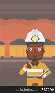 An african-american miner checking documents with the flashlight. Mine worker in hard hat on the background of mining tunnel with cart full of coal. Vector flat design illustration. Vertical layout.. Miner checking documents vector illustration.
