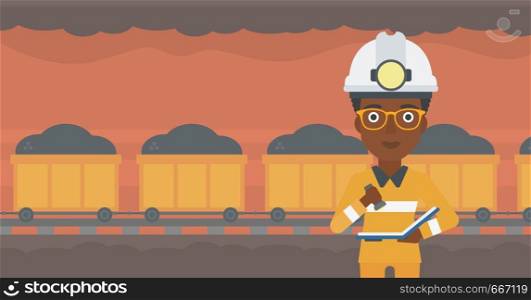 An african-american miner checking documents with the flashlight. Mine worker in hard hat on the background of mining tunnel with cart full of coal. Vector flat design illustration. Horizontal layout.. Miner checking documents vector illustration.