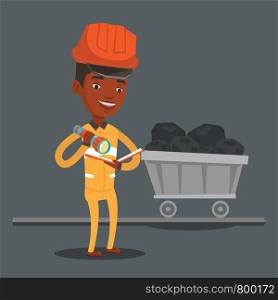 An african-american miner checking documents with the flashlight on the background of trolley with coal. Mine worker in hard hat. Miner in the coal mine. Vector flat design illustration. Square layout. Miner checking documents vector illustration.