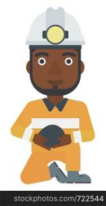 An african-american miner holding coal in hands vector flat design illustration isolated on white background. . Miner holding coal in hands.