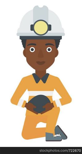 An african-american miner holding coal in hands vector flat design illustration isolated on white background. . Miner holding coal in hands.