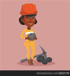 An african-american miner in hard hat holding coal in hands. Female miner with a pickaxe. Miner working at coal mine. Vector flat design illustration. Square layout.. Miner holding coal in hands vector illustration.