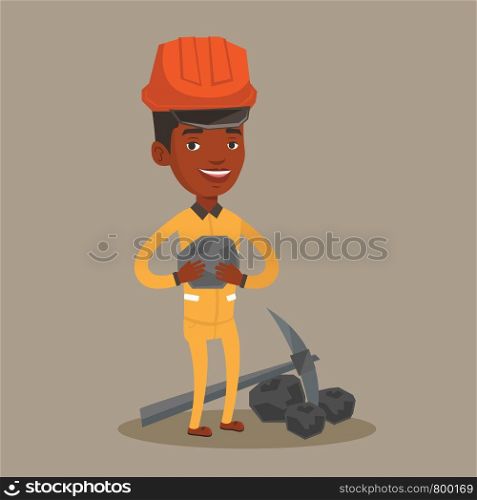 An african-american miner in hard hat holding coal in hands. Miner with a pickaxe. Miner working at coal mine. Vector flat design illustration. Square layout.. Miner holding coal in hands vector illustration.