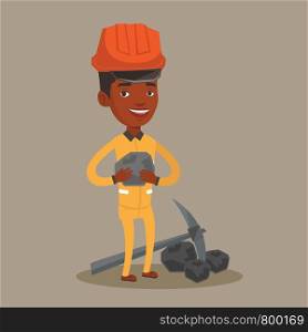An african-american miner in hard hat holding coal in hands. Miner with a pickaxe. Miner working at coal mine. Vector flat design illustration. Square layout.. Miner holding coal in hands vector illustration.