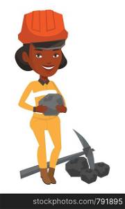An african-american miner in hard hat holding coal in the hands. Miner with a pickaxe. Young happy miner in helmet working at coal mine. Vector flat design illustration isolated on white background.. Miner holding coal in hands vector illustration.