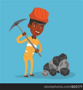An african-american miner in hard hat working with a pickaxe. Miner working at the coal mine. Young miner in helmet at work. Vector flat design illustration. Square layout.. Miner working with pickaxe vector illustration.