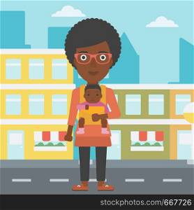 An african-american mother carrying son in sling. Mother with baby in sling walking in the city street. Young mother carrying a newborn in sling. Vector flat design illustration. Square layout.. Mother carrying her son in sling.