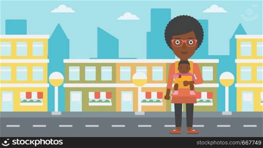 An african-american mother carrying son in sling. Mother with baby in sling walking in the city street. Young mother carrying a newborn in sling. Vector flat design illustration. Horizontal layout.. Mother carrying her son in sling.