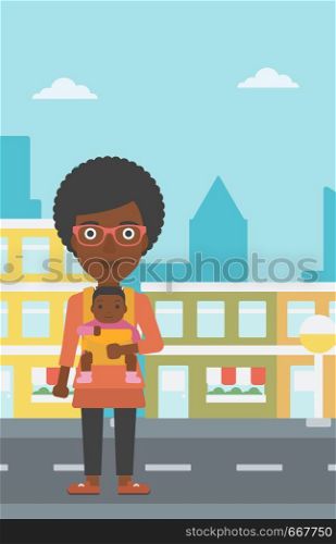 An african-american mother carrying son in sling. Mother with baby in sling walking in the city street. Young mother carrying a newborn in sling. Vector flat design illustration. Vertical layout.. Mother carrying her son in sling.