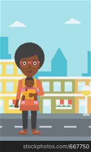 An african-american mother carrying son in sling. Mother with baby in sling walking in the city street. Young mother carrying a newborn in sling. Vector flat design illustration. Vertical layout.. Mother carrying her son in sling.