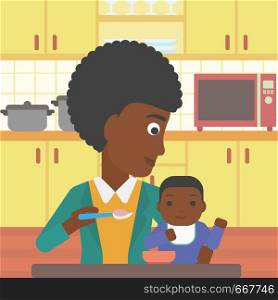 An african-american mother feeding baby at home. Young mother teaching baby to eat with spoon. Mother spoon-feeding her baby at kitchen. Vector flat design illustration. Square layout.. Mother feeding baby vector illustration.