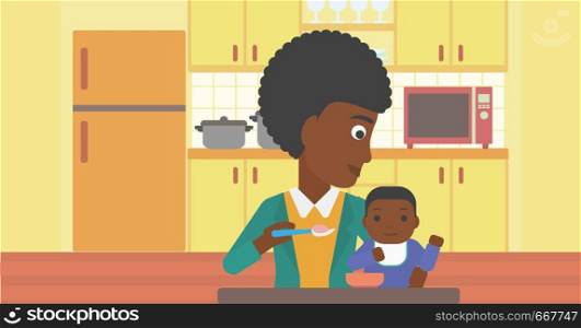 An african-american mother feeding baby at home. Young mother teaching baby to eat with spoon. Mother spoon-feeding her baby at kitchen. Vector flat design illustration. Horizontal layout.. Mother feeding baby.