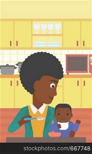 An african-american mother feeding baby at home. Young mother teaching baby to eat with spoon. Mother spoon-feeding her baby at kitchen. Vector flat design illustration. Vertical layout.. Mother feeding baby.