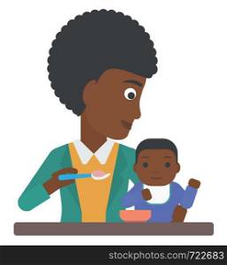 An african-american mother feeding baby vector flat design illustration isolated on white background. . Woman feeding baby.