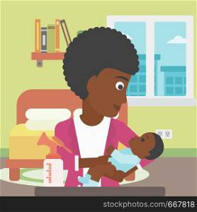 An african-american mother holding a newborn baby in hands and a breast pump standing on the table in front of her. Young mother feeding her baby. Vector flat design illustration. Square layout.. Mother with baby and breast pump.