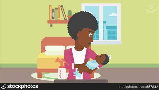 An african-american mother holding a newborn baby in hands and a breast pump standing on the table in front of her. Young mother feeding her baby. Vector flat design illustration. Horizontal layout.. Mother with baby and breast pump.