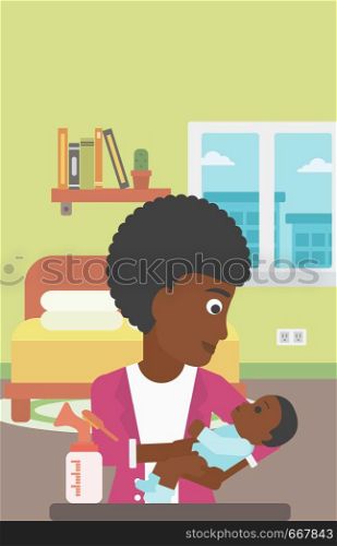 An african-american mother holding a newborn baby in hands and a breast pump standing on the table in front of her. Young mother feeding her baby. Vector flat design illustration. Vertical layout.. Mother with baby and breast pump.