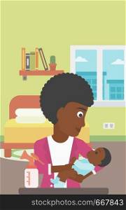 An african-american mother holding a newborn baby in hands and a breast pump standing on the table in front of her. Young mother feeding her baby. Vector flat design illustration. Vertical layout.. Mother with baby and breast pump.