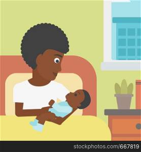 An african-american mother holding newborn in maternity ward. Mother nursing baby. Mother and infant resting at hospital. Happy mother with newborn. Vector flat design illustration. Square layout.. Woman with new born in maternity ward.