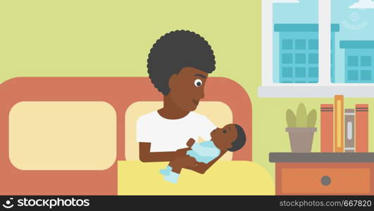 An african-american mother holding newborn in maternity ward. Mother nursing baby. Mother and infant resting at hospital. Happy mother with newborn. Vector flat design illustration. Horizontal layout.. Woman with new born in maternity ward.