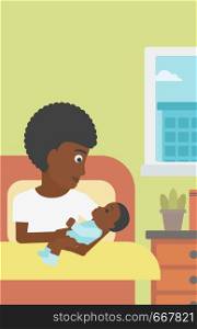 An african-american mother holding newborn in maternity ward. Mother nursing baby. Mother and infant resting at hospital. Happy mother with newborn. Vector flat design illustration. Vertical layout.. Woman with new born in maternity ward.