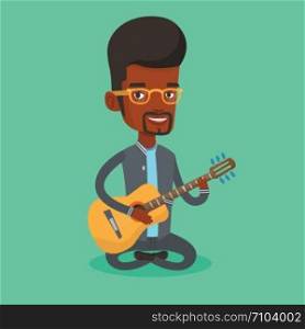 An african-american musician playing an acoustic guitar. Musician sitting with guitar in hands. Young male guitarist practicing in playing guitar. Vector flat design illustration. Square layout.. Man playing acoustic guitar vector illustration.