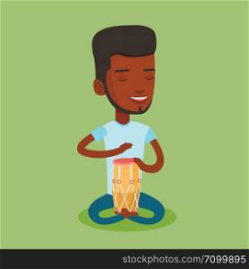 An african-american musician playing ethnic drum. Young man with eyes closed playing ethnic drum. Man playing ethnic music on tom-tom. Vector flat design illustration. Square layout.. Man playing ethnic drum vector illustration.